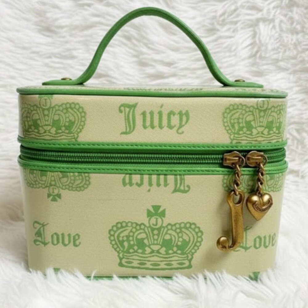 VINTAGE Y2K Juicy Couture Lime Green ICONIC Vanity TRAIN CASE BAG LEATHER MAKEUP